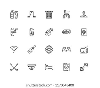 Set Of 20 linear icons such as Dumbbell, Washing machine, Bed, Cctv, Golf, Map, Bus, Lifesaver, Wifi, Door hanger, Hotel, editable stroke vector icon pack