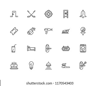 Set Of 20 linear icons such as Room key, Toothpaste, Shower, Lamp, Cake, Bell, Iron, Door Soda, Golf, Lifesaver, editable stroke vector icon pack