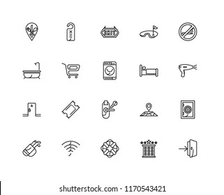 Set Of 20 linear icons such as Entrance, Hotel, Lifesaver, Wifi, Golf, No smoking, Bed, Room key, Room, Trolley, Exit, editable stroke vector icon pack