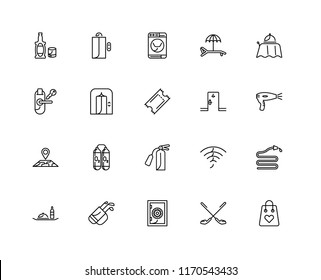 Set Of 20 linear icons such as Shopping bag, Golf, Safebox, Room service, Room, Fire extinguisher, Map, Lift, Washing machine, editable stroke vector icon pack