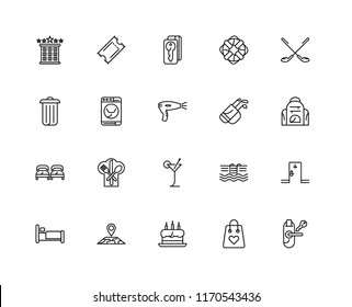 Set Of 20 linear icons such as Room key, Shopping bag, Cake, Map, Bed, Golf, Cocktail, Beds, Washing machine, Door editable stroke vector icon pack