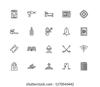 Set Of 20 linear icons such as Hotel, Room, Map, Hanger, Shopping bag, Lifesaver, Bell, Shower, Ticket, Suitcase, Bed, editable stroke vector icon pack