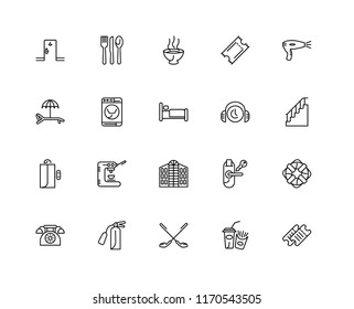 Set Of 20 linear icons such as Ticket, Stairs, Hairdryer, Telephone, Cutlery, Room key, Hammock, editable stroke vector icon pack