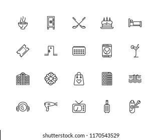 Set Of 20 linear icons such as Room key, Suitcase, Television, Hairdryer, Customer service, Bed, Washing machine, Shopping bag, Hotel, Room, Golf, editable stroke vector icon pack