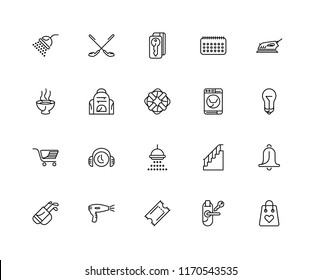 Set Of 20 linear icons such as Shopping bag, Room key, Ticket, Hairdryer, Golf, Iron, Washing machine, Shower, Trolley, Backpack, Door editable stroke vector icon pack