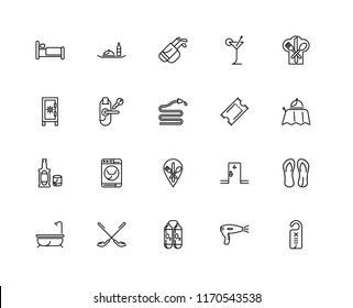 Set Of 20 linear icons such as Door hanger, Hairdryer, Oxygen tank, Golf, Bath, Restaurant, Ticket, Whiskey, Room key, editable stroke vector icon pack