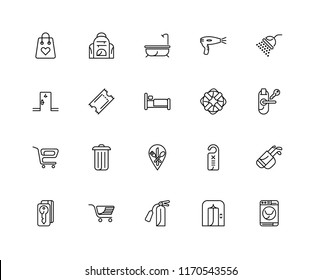 Set Of 20 linear icons such as Washing machine, Lift, Fire extinguisher, Trolley, Door key, Shower, Lifesaver, Restaurant, Ticket, Bath, editable stroke vector icon pack
