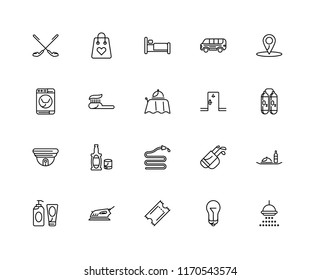 Set Of 20 linear icons such as Shower, Lamp, Ticket, Iron, Gel, Location, Room, Hose, Cctv, Toothpaste, Bed, editable stroke vector icon pack