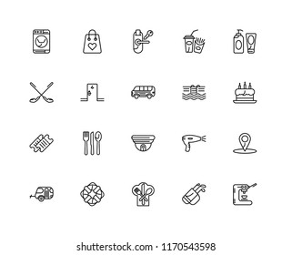 Set Of 20 linear icons such as Coffee machine, Golf, Restaurant, Lifesaver, Caravan, Gel, Swimming pool, Cctv, Ticket, Room, Room key, editable stroke vector icon pack