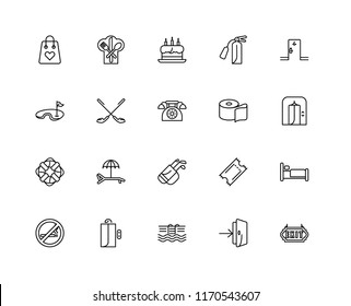 Set Of 20 linear icons such as Exit, Entrance, Swimming pool, Lift, No smoking, Room, Toilet paper, Golf, Lifesaver, Cake, editable stroke vector icon pack