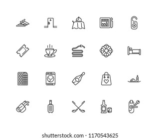 Set Of 20 linear icons such as Room key, Whiskey, Golf, Suitcase, Door hanger, Lifesaver, Champagne, Hotel, Coffee cup, service, editable stroke vector icon pack