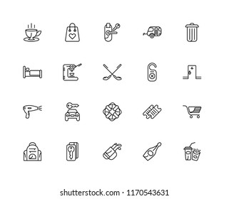 Set Of 20 linear icons such as Fast food, Champagne, Golf, Door key, Backpack, Bin, hanger, Lifesaver, Hairdryer, Coffee machine, Room editable stroke vector icon pack