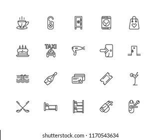 Set Of 20 linear icons such as Room key, Golf, Bunk, Bed, Shopping bag, Exit, Cit card, Swimming pool, Taxi, Safebox, editable stroke vector icon pack