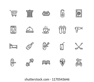 Set Of 20 linear icons such as Rent a car, Restaurant, Beds, Dumbbell, Door key, Safebox, Flip flops, Room Bed, Reception, Bar, editable stroke vector icon pack