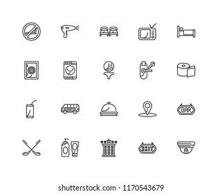 Set Of 20 linear icons such as Cctv, Exit, Hotel, Gel, Golf, Bed, Room key, Reception, Soda, Washing machine, Beds, editable stroke vector icon pack