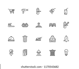 Set Of 20 linear icons such as Lamp, Hotel, Shower, Door key, Golf, Soda, Beds, Iron, Reception, Bar, editable stroke vector icon pack