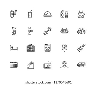 Set Of 20 linear icons such as Bus, Location, Television, Stairs, Calendar, Coffee cup, Bar, Washing machine, Bed, Door key, Reception, editable stroke vector icon pack