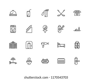 Set Of 20 linear icons such as Door key, Calendar, Bar, Soup, Hammock, Telephone, Room Hairdryer, Hotel, Stairs, Fire extinguisher, editable stroke vector icon pack