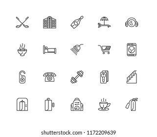 Set Of 20 linear icons such as Fire extinguisher, Coffee cup, Backpack, Lift, Customer service, Trolley, Dumbbell, Door hanger, Bed, Champagne, editable stroke vector icon pack