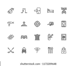 Set Of 20 linear icons such as Shopping bag, Cutlery, Wifi, Bellboy, Golf, Taxi, Caravan, Hotel, Ticket, Map, Exit, editable stroke vector icon pack