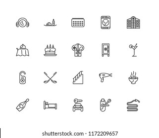 Set Of 20 linear icons such as Hose, Room key, Rent a car, Bed, Champagne, Hotel, Safebox, Stairs, Door hanger, Cake, Calendar, editable stroke vector icon pack