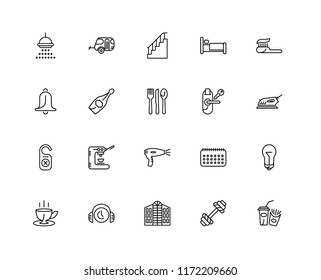 Set Of 20 linear icons such as Fast food, Dumbbell, Hotel, Customer service, Coffee cup, Toothpaste, Room key, Hairdryer, Door hanger, Champagne, Stairs, editable stroke vector icon pack