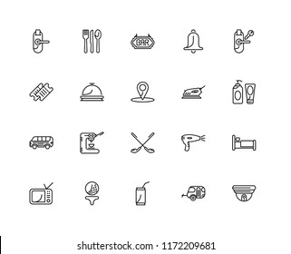Set Of 20 linear icons such as Cctv, Caravan, Soda, Golf, Television, Room key, Iron, Bus, Reception, Bar, editable stroke vector icon pack