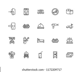 Set Of 20 linear icons such as Cit card, Safebox, Soda, Bellboy, Restaurant, Toilet paper, Hairdryer, Bed, Taxi, Exit, Swimming pool, editable stroke vector icon pack