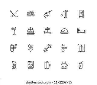 Set Of 20 linear icons such as Soda, Coffee cup, Lift, Washing machine, Door hanger, Safebox, Reception, Dumbbell, Room key, Cake, Champagne, editable stroke vector icon pack