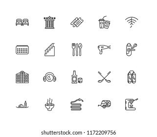 Set Of 20 linear icons such as Coffee machine, Caravan, Hose, Soup, Room service, Wifi, Hairdryer, Whiskey, Hotel, Stairs, Ticket, editable stroke vector icon pack