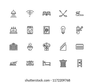 Set Of 20 linear icons such as Safebox, Hotel, Bed, Swimming pool, Iron, Toothpaste, Lamp, Restaurant, Washing machine, Beds, editable stroke vector icon pack