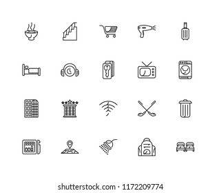 Set Of 20 linear icons such as Beds, Backpack, Shower, Map, Minibar, Suitcase, Television, Wifi, Hotel, Customer service, Trolley, editable stroke vector icon pack