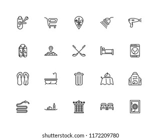 Set Of 20 linear icons such as Safebox, Beds, Hotel, Room service, Hose, Hairdryer, Bed, Bin, Flip flops, Map, Restaurant, editable stroke vector icon pack
