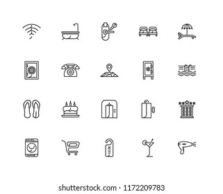 Set Of 20 linear icons such as Hairdryer, Cocktail, Door hanger, Trolley, Washing machine, Hammock, Safebox, Lift, Flip flops, Telephone, Room key, editable stroke vector icon pack