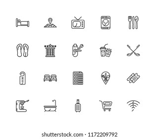 Set Of 20 linear icons such as Wifi, Trolley, Suitcase, Bath, Coffee machine, Cutlery, Fast food, Hotel, Door hanger, Television, editable stroke vector icon pack