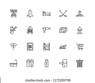 Set Of 20 linear icons such as Hotel, Exit, Door hanger, Flip flops, Bath, Map, Cit card, Bunk, Wifi, Bellboy, Bed, editable stroke vector icon pack