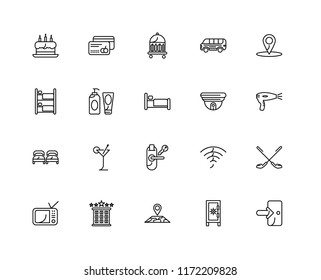 Set Of 20 linear icons such as Exit, Safebox, Map, Hotel, Television, Location, Cctv, Room key, Beds, Gel, Bellboy, editable stroke vector icon pack