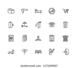 Set Of 20 linear icons such as Entrance, Room key, Beds, Wifi, Golf, Trolley, Telephone, Map, Safebox, Hammock, Bed, editable stroke vector icon pack