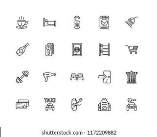 Set Of 20 linear icons such as Rent a car, Backpack, Room key, Taxi, Cit card, Shower, Bunk, Beds, Dumbbell, Door hanger, editable stroke vector icon pack