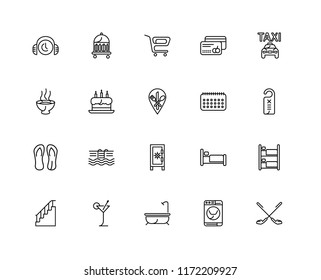 Set Of 20 linear icons such as Golf, Washing machine, Bath, Cocktail, Stairs, Taxi, Calendar, Safebox, Flip flops, Cake, Trolley, editable stroke vector icon pack