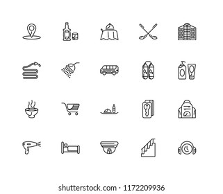 Set Of 20 linear icons such as Customer service, Stairs, Cctv, Bed, Hairdryer, Hotel, Oxygen tank, Room Soup, Shower, editable stroke vector icon pack