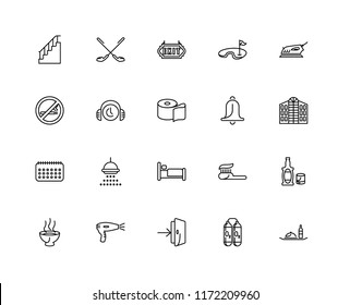 Set Of 20 linear icons such as Room service, Oxygen tank, Entrance, Hairdryer, Soup, Iron, Bell, Bed, Calendar, Customer Exit, editable stroke vector icon pack