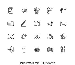 Set Of 20 linear icons such as Cutlery, Hotel, Exit, Cocktail, Entrance, Hairdryer, Golf, Swimming pool, Stairs, Restaurant, editable stroke vector icon pack