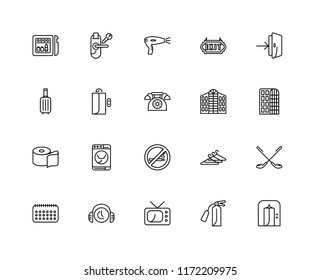 Set Of 20 linear icons such as Lift, Fire extinguisher, Television, Customer service, Calendar, Entrance, Hotel, No smoking, Toilet paper, Hairdryer, editable stroke vector icon pack