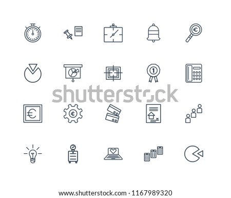 Set Of 20 linear icons such as Pie chart, Newspaper, Laptop, Alarm clock, Idea, Magnifying glass, Prize, Cit card, Euro, Analytics, Wall editable stroke vector icon pack
