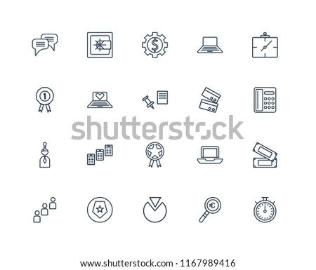 Set Of 20 linear icons such as Chronometer, Magnifying glass, Pie chart, Shield, Group, Wall clock, Cit card, Prize, Idea, Laptop, Gear, editable stroke vector icon pack
