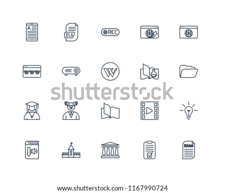 Set Of 20 linear icons such as Exam, Test, University, Audiobook, Browser, Science book, Book, Student, Projector, Record, editable stroke vector icon pack