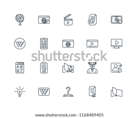 Set Of 20 linear icons such as Book, Certificate, Tutorial, Wikipedia, Idea, Touchscreen, Video player, Science book, Vocabulary, Ereader, editable stroke vector icon pack