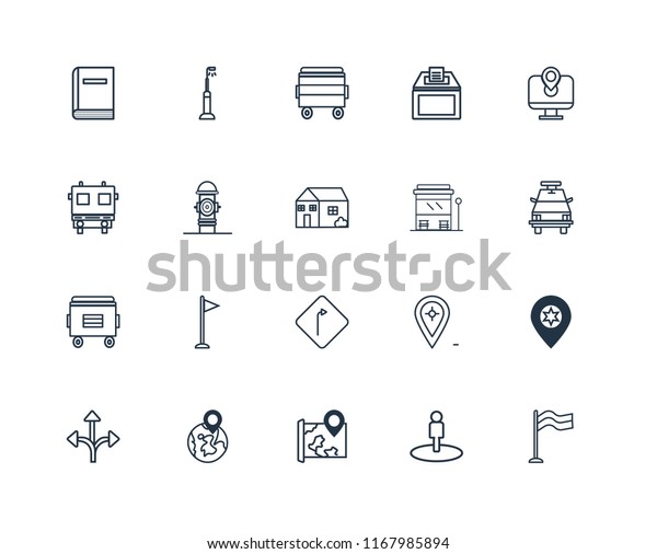 Set Of 20 linear icons such as Flag, Street view,\
Map, Globe, Turn, Bus stop, Recycle bin, Hydrant, Bin, editable\
stroke vector icon pack