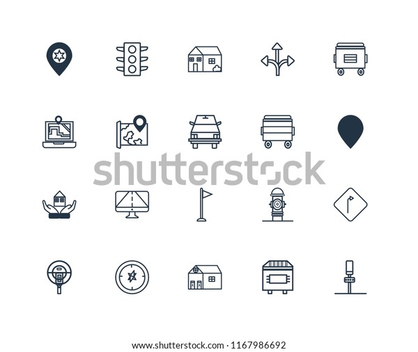 Set Of 20 linear icons such as Parking,\
Trash bin, Toilet, Compass, Parking meter, Recycle Bin, Flag,\
House, Map, editable stroke vector icon\
pack